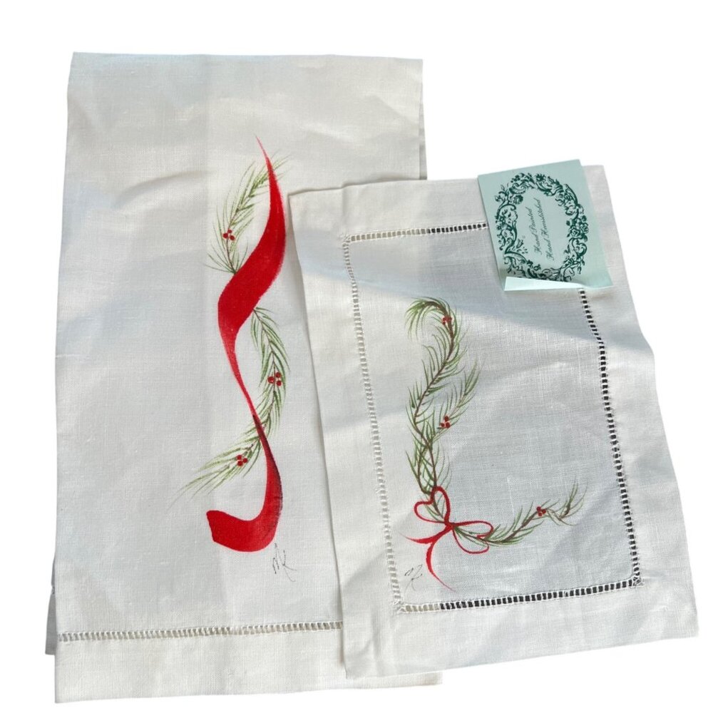 New Hand-Painted Holiday Linen Guest Towels With Hemstitch Design